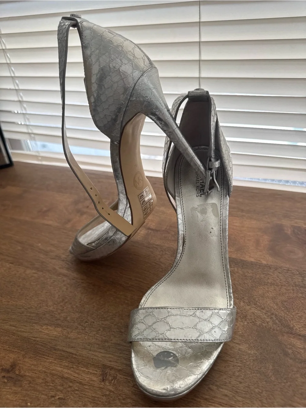 Michael Kors Silver Snakeskin-Pattern Ankle-Strap Stilettos